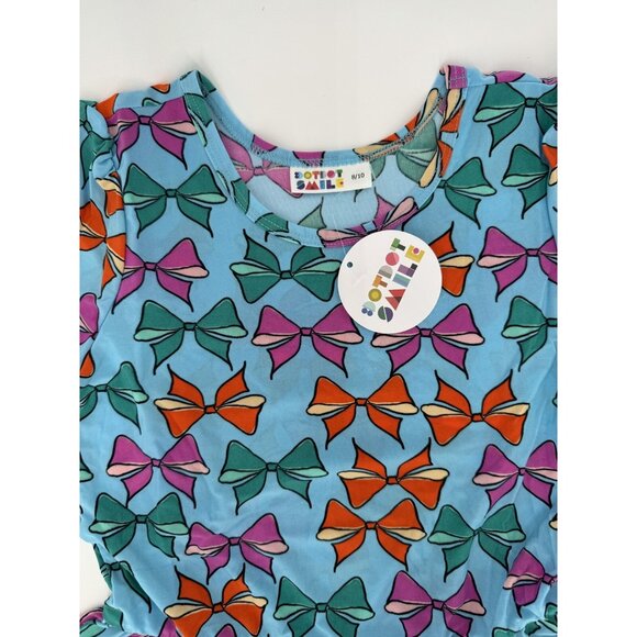 Dot Dot Smile Girl's Cap Sleeve Dress 8-10 Blue Bows Print Short Sleeve Twirl - Picture 3 of 5